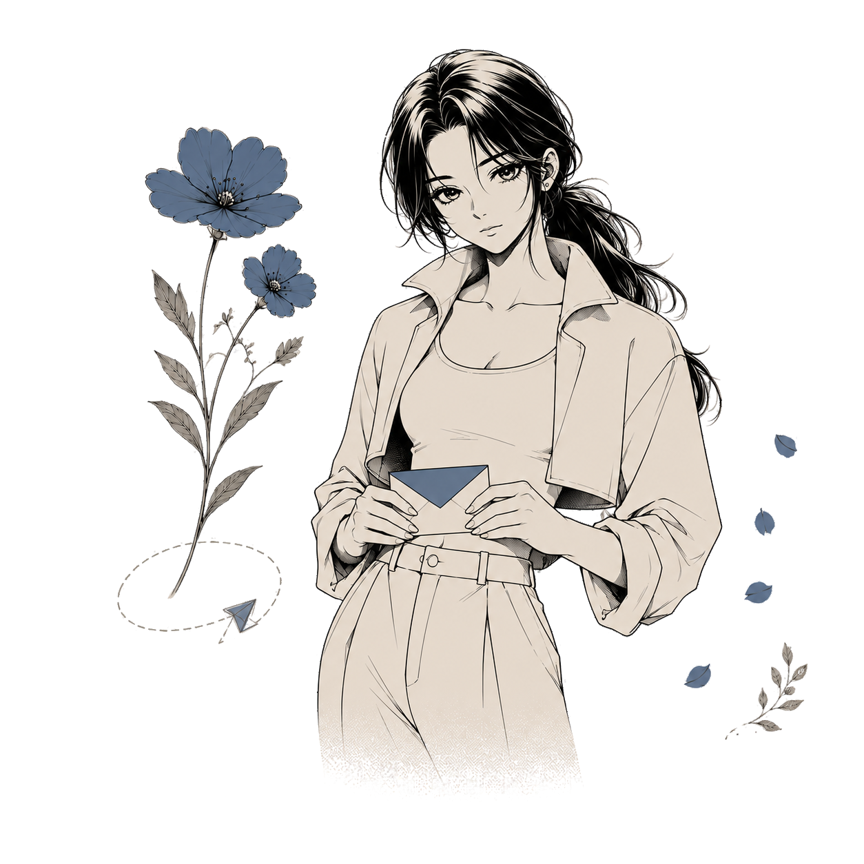 The original Quiet Letter character and flowers